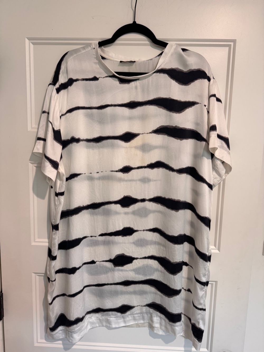 ATM Silk Tie Dye Dress Black White Striped Short Sleeve Large